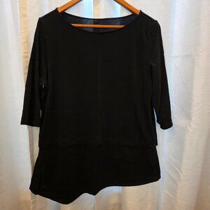 Pure Jill Black Asymmetrical 3/4 Sleeve Boat Neck Top with Side Slit. Sz Large